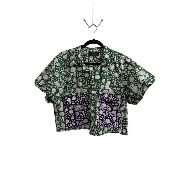 HicKey Lagos Tops - HicKey Lagos Green Batik Bubble Print Cropped Button Up Shirt Purple Pockets XL